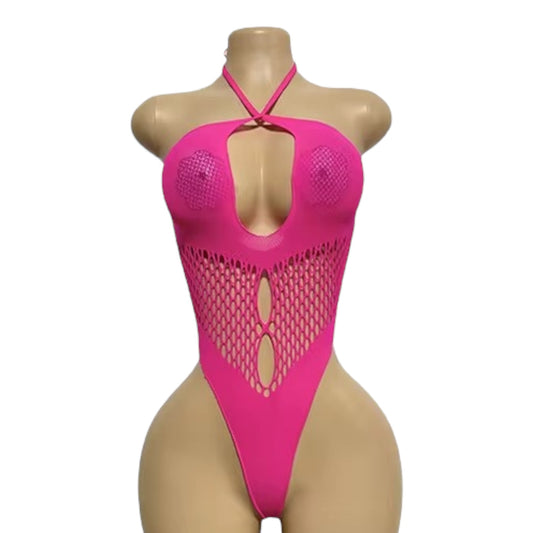 Hot Pink Halter Keyhole Fishnet Bodysuit - EXOTIC DANCEWEAR