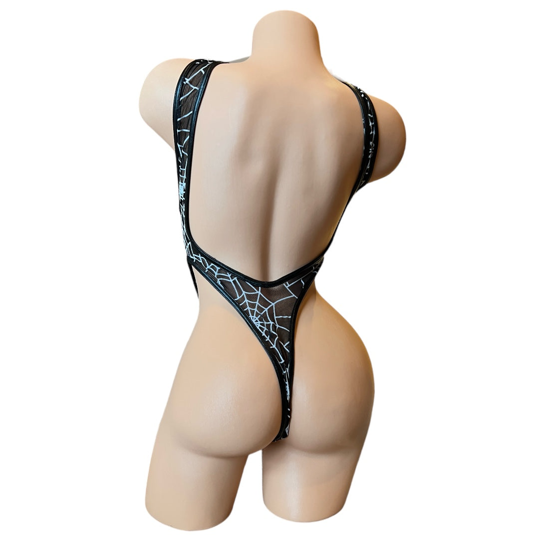 Criss-Cross Thong Monokini - Black + White Spiderweb Mesh with Vegan Leather Trim - EXOTIC DANCEWEAR - RAVEWEAR