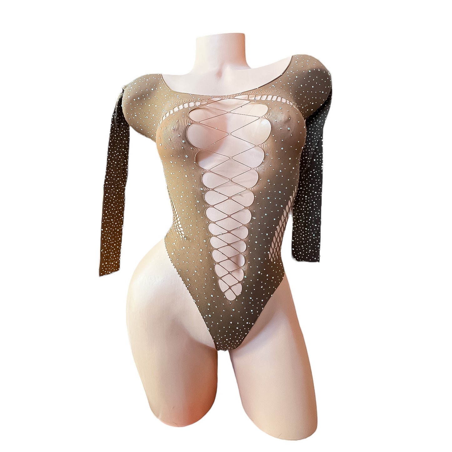 Chocolate Brown Rhinestoned Fishnet Bodysuit with Cutouts - EXOTIC DANCEWEAR