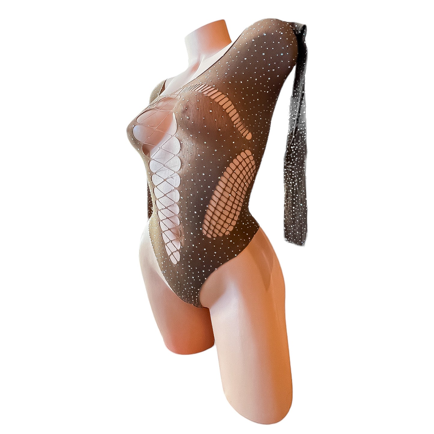 Chocolate Brown Rhinestoned Fishnet Bodysuit with Cutouts - EXOTIC DANCEWEAR