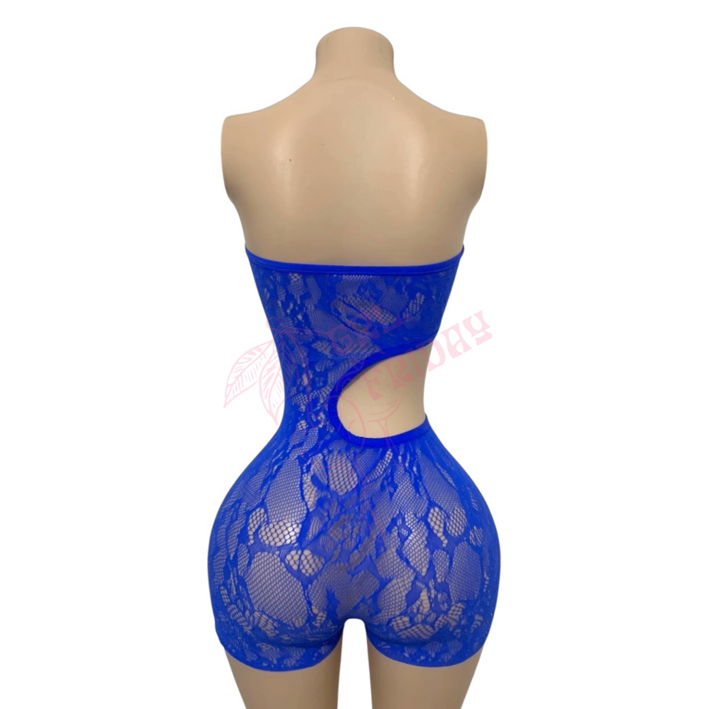 Blue Strapless Floral Lace Up  Side Cutout Fishnet Mesh Shorts Romper Bodystocking - 2 Piece Set - EXOTIC DANCEWEAR - RAVEWEAR