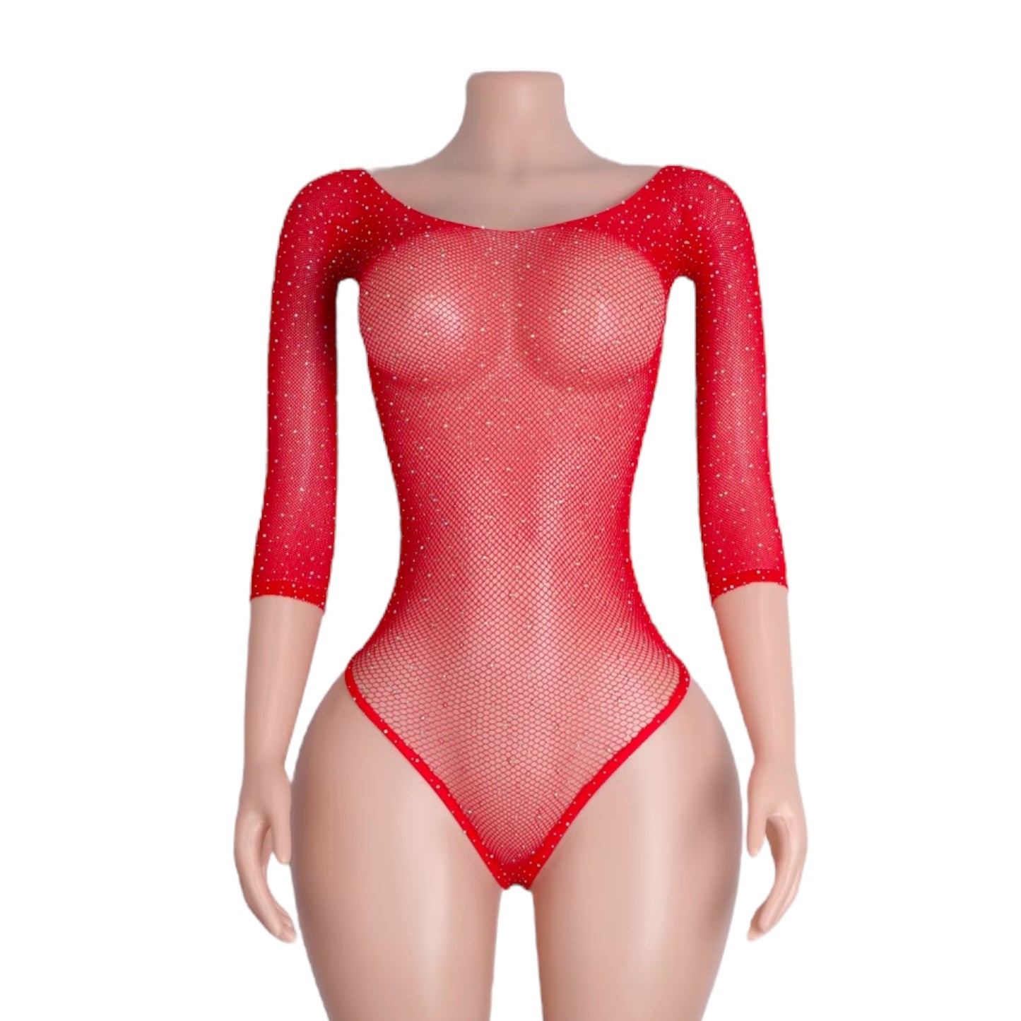 Cherry Red Rhinestoned Fishnet Bodysuit - EXOTIC DANCEWEAR