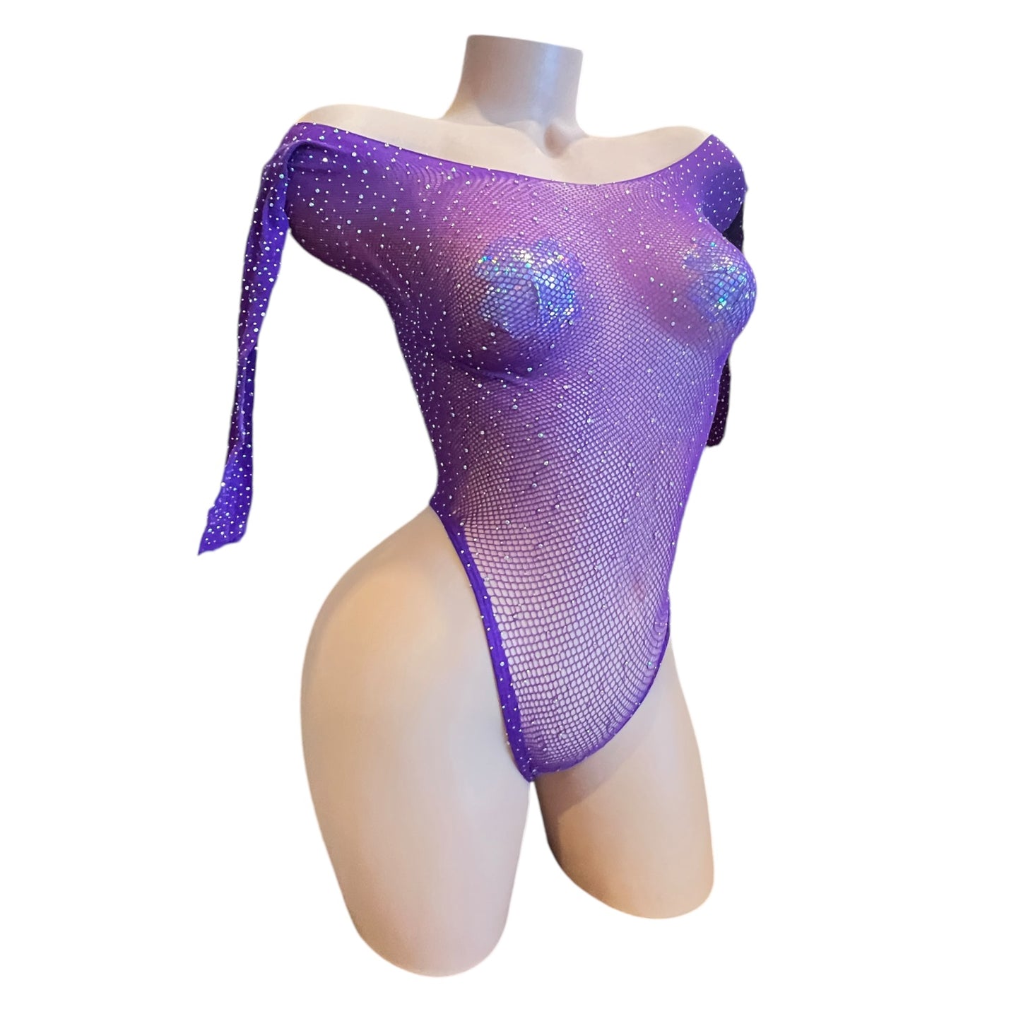 Purple Rhinestoned Fishnet Bodysuit - EXOTIC DANCEWEAR