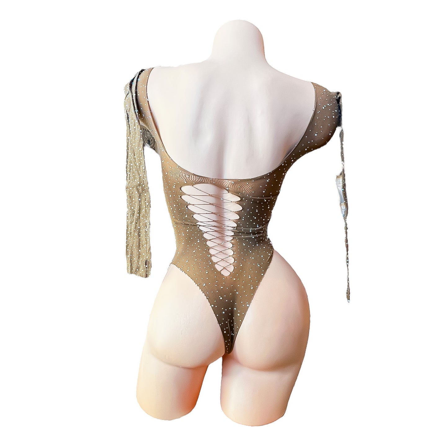 Chocolate Brown Rhinestoned Fishnet Bodysuit with Cutouts - EXOTIC DANCEWEAR