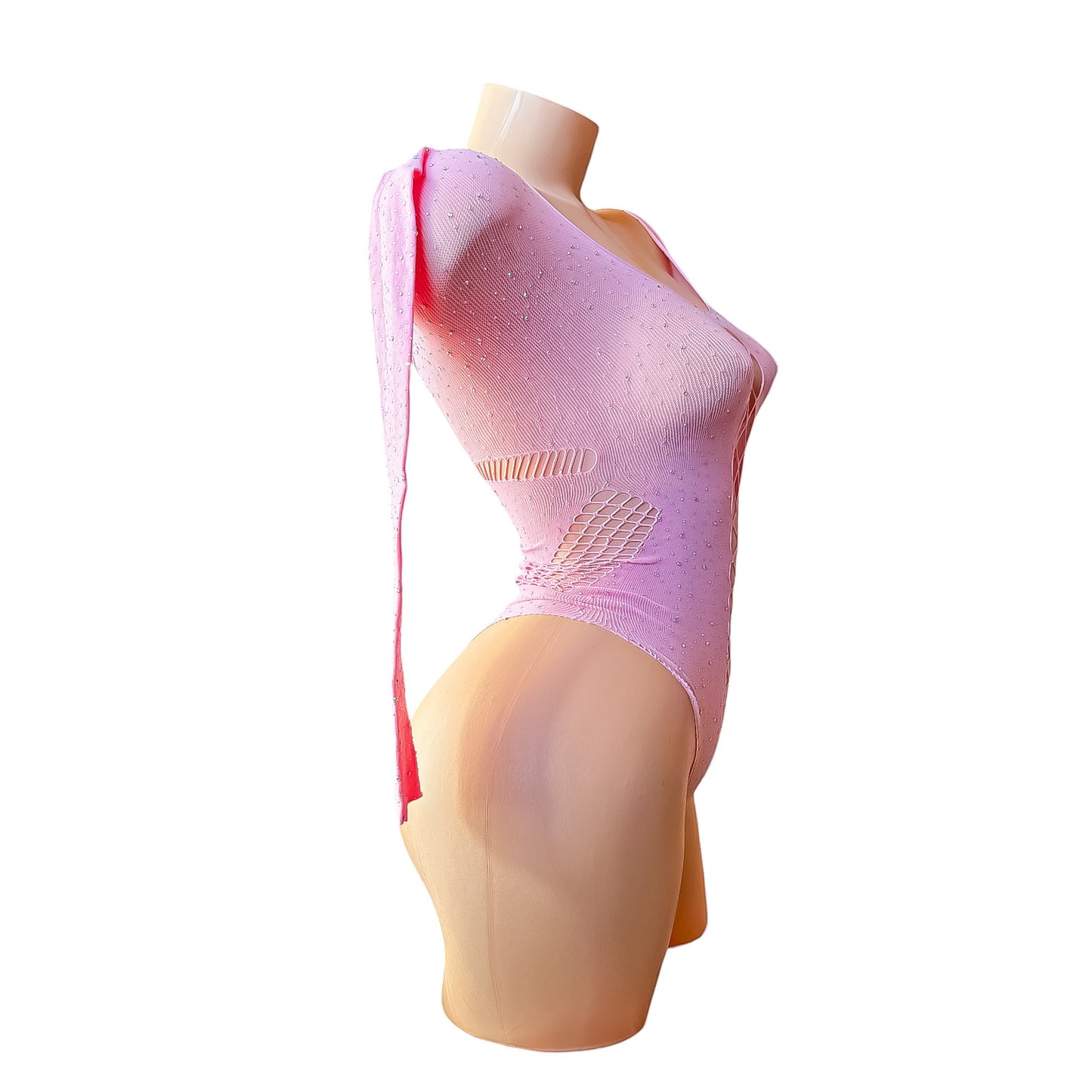 Pastel Pink Rhinestoned Fishnet Bodysuit with Cutouts - EXOTIC DANCEWEAR