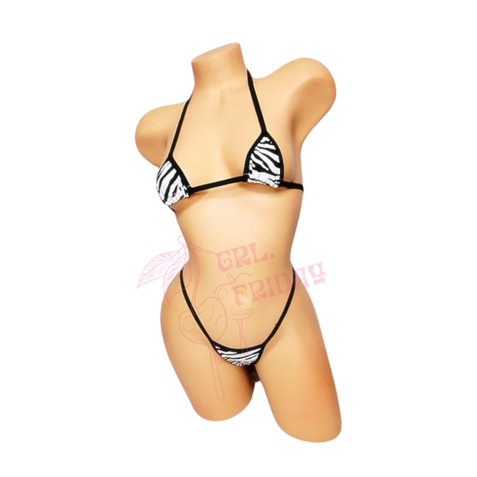 White + Black Zebra Print Micro Bikini Set - EXOTIC DANCEWEAR