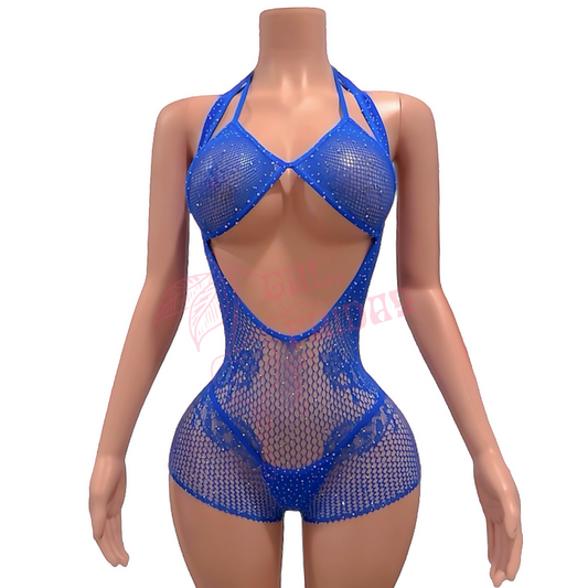 Royal Blue Mesh Rhinestoned Halter Shorts Bodystocking with Matching Bikini - EXOTIC DANCEWEAR