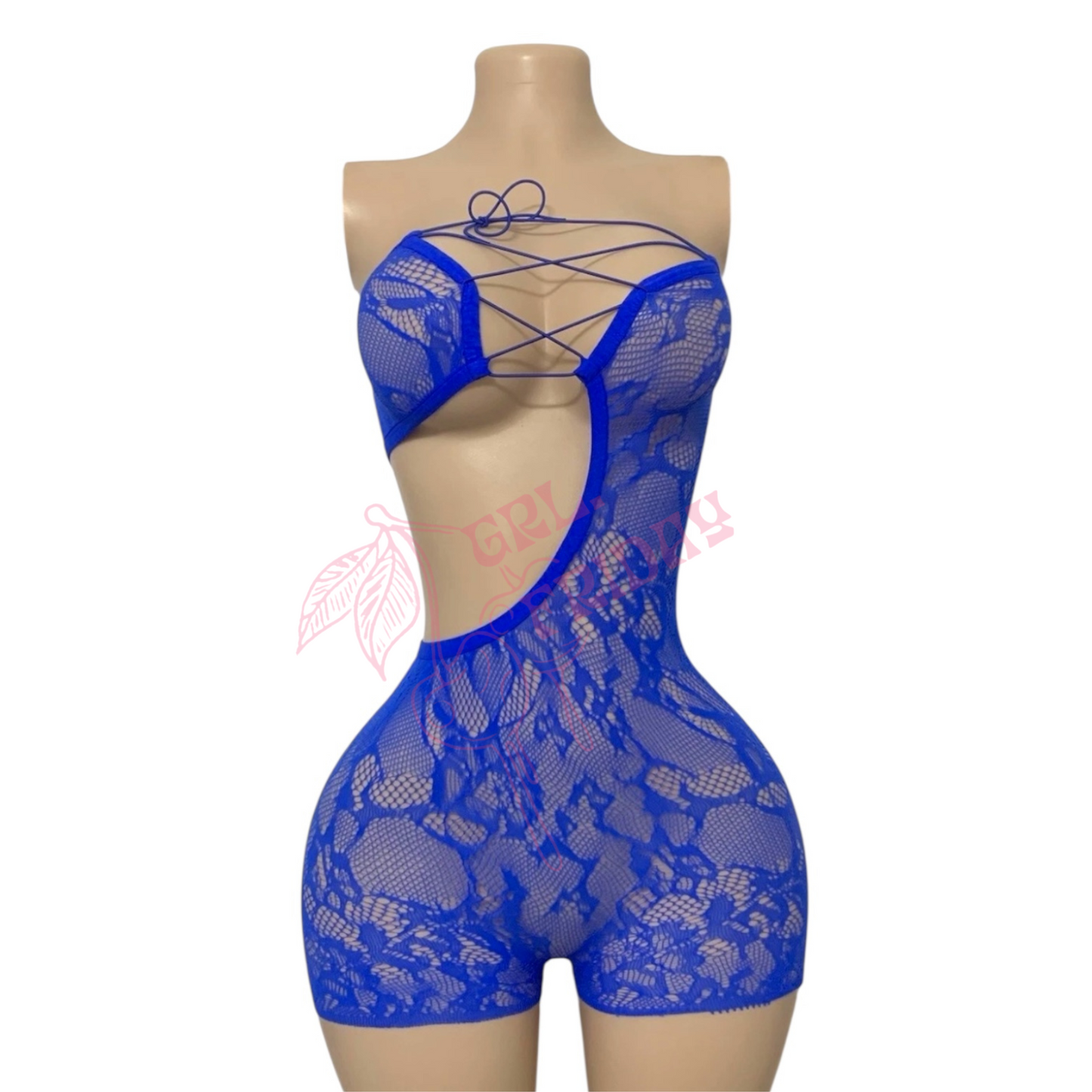 Blue Strapless Floral Lace Up  Side Cutout Fishnet Mesh Shorts Romper Bodystocking - 2 Piece Set - EXOTIC DANCEWEAR - RAVEWEAR
