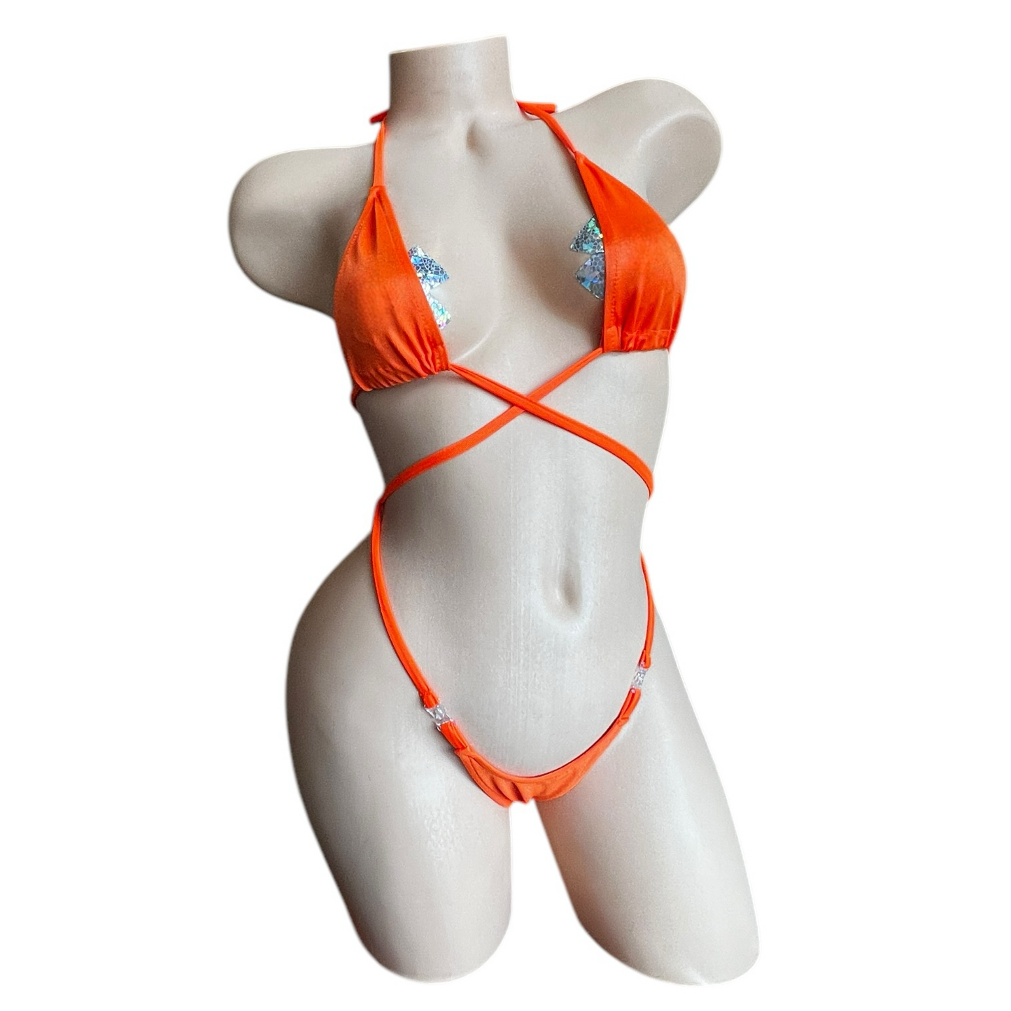 Basic Orange G String Thong Bikini Set with Clear Plastic Quick Removal Clasps - Microkini - EXOTIC DANCEWEAR