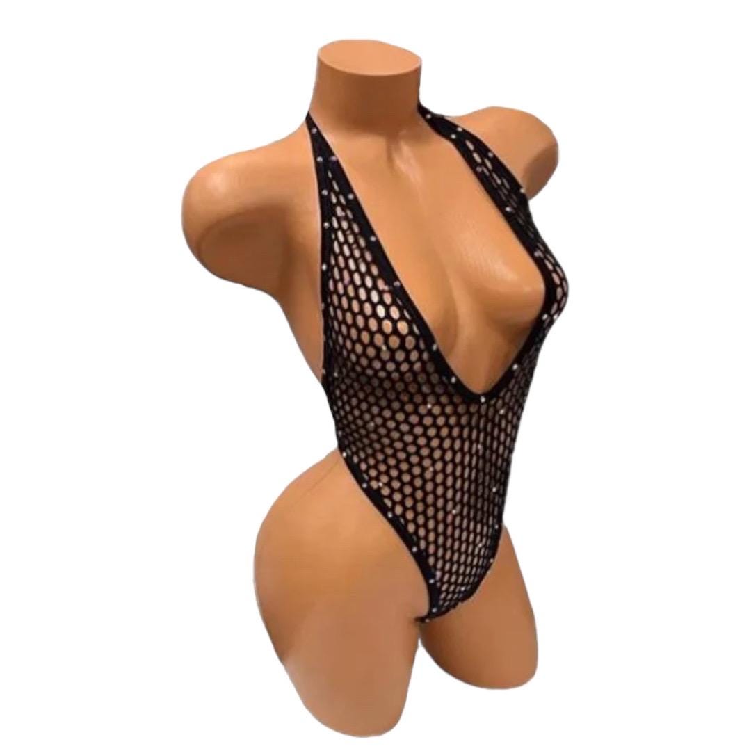 Black Large Diamond Fishnet Strappy Thong Bodysuit with Rhinestone Trim - EXOTIC DANCEWEAR