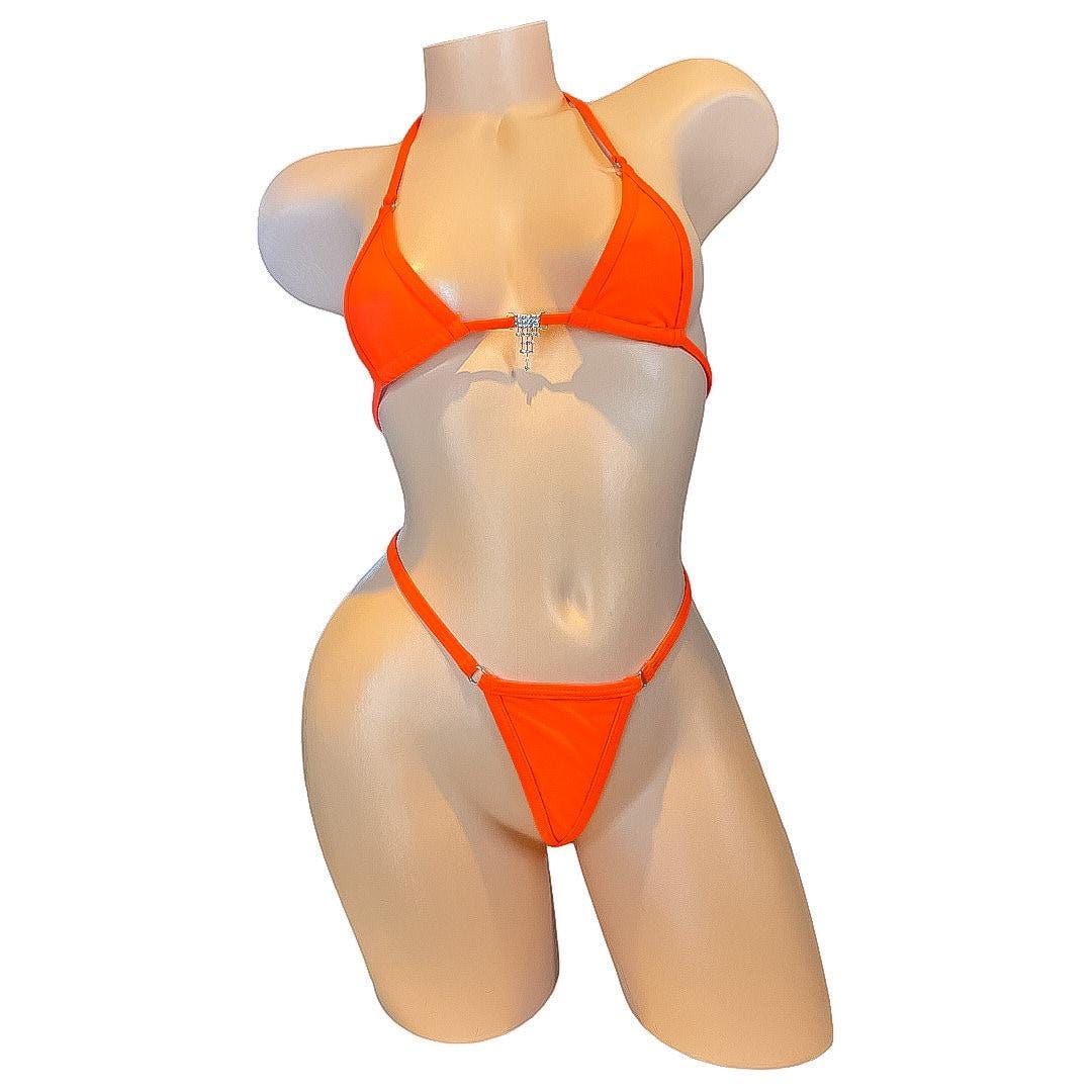Bright orange rhinestoned charm microkini - exotic dancewear