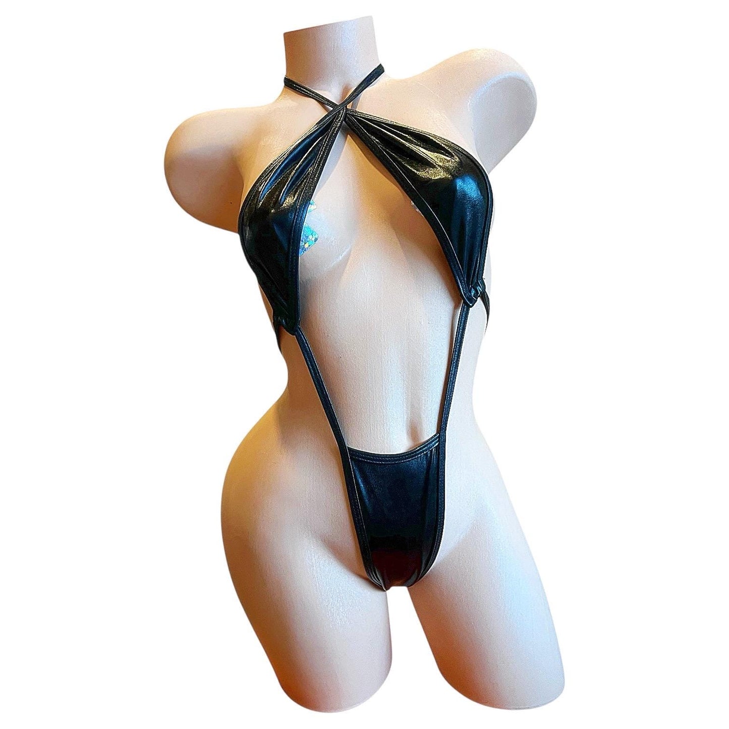 Black Faux Vegan Leather Slingshot Bikini - EXOTIC DANCEWEAR
