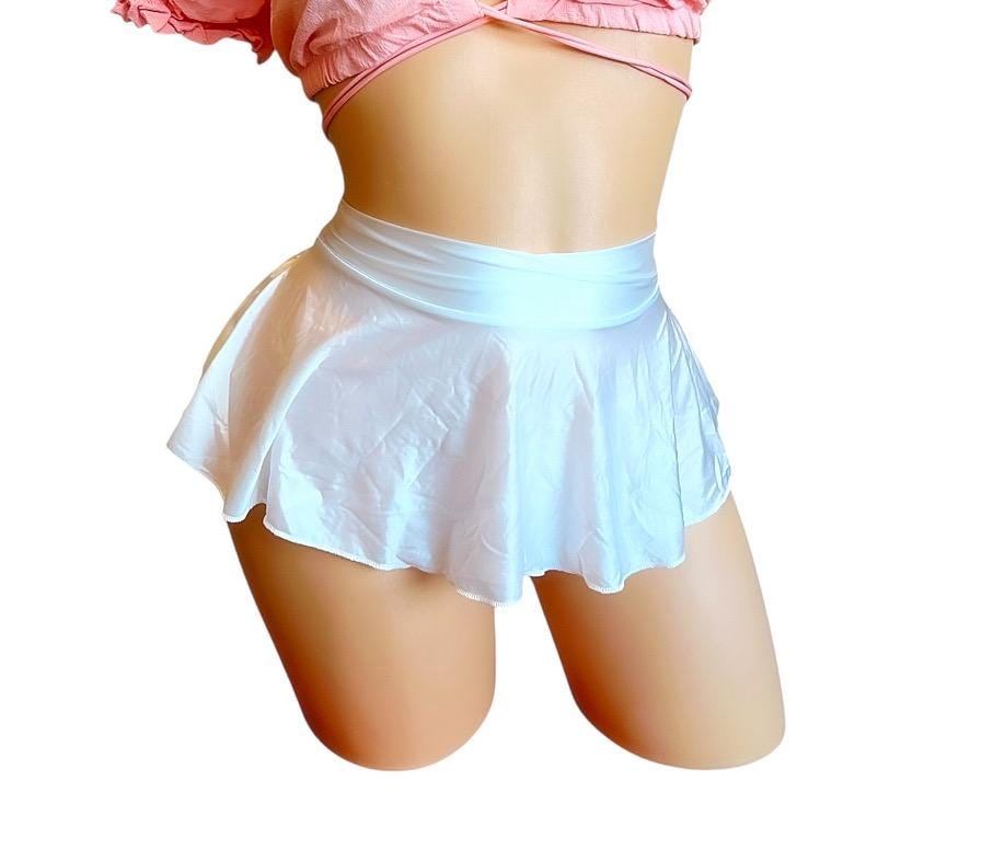 White Shiny Satin Spandex Extreme Micro Mini Skater Ruffle Circle Skirt - EXOTIC DANCEWEAR