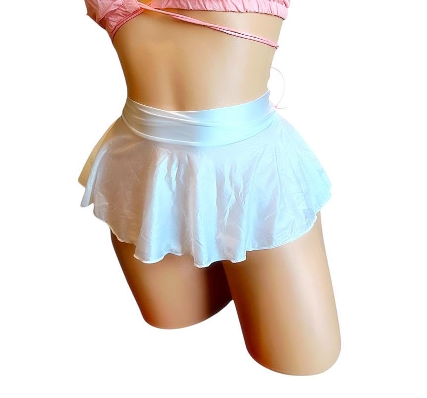 White Shiny Satin Spandex Extreme Micro Mini Skater Ruffle Circle Skirt - EXOTIC DANCEWEAR