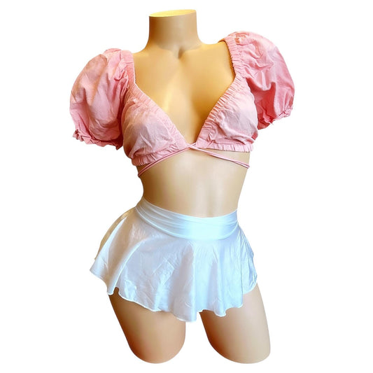Coral Pastel Pink Coquette Peasant Crop Top - EXOTIC DANCEWEAR