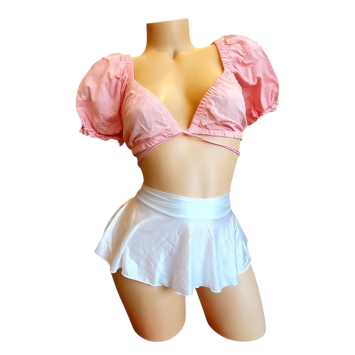 Coral Pastel Pink Coquette Peasant Crop Top - EXOTIC DANCEWEAR