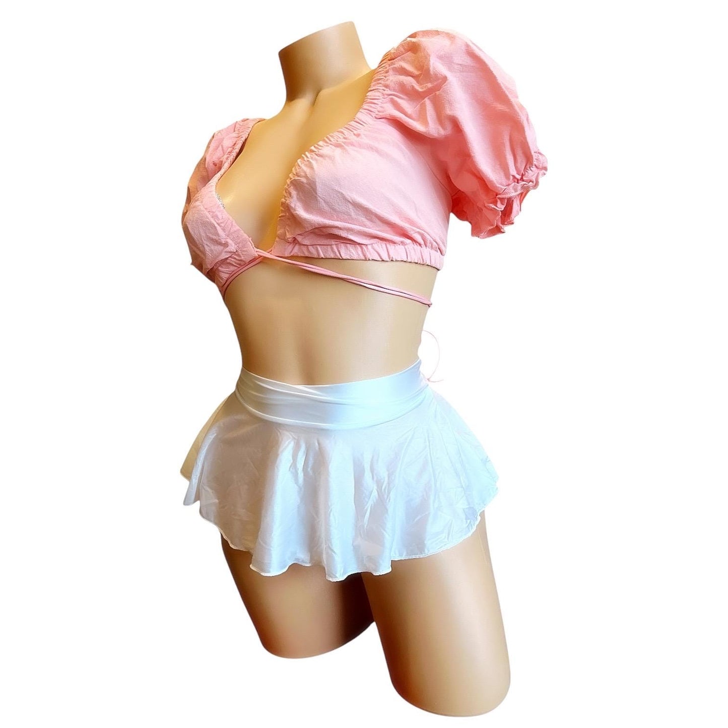 Coral Pastel Pink Coquette Peasant Crop Top - EXOTIC DANCEWEAR