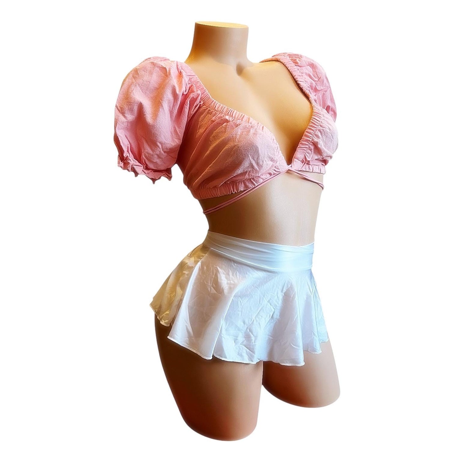 Coral Pastel Pink Coquette Peasant Crop Top - EXOTIC DANCEWEAR