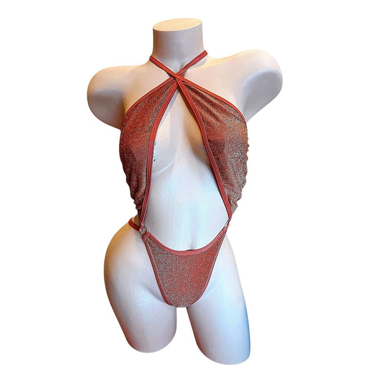 Rust Orange Metallic Glitter Slingshot Bikini - EXOTIC DANCEWEAR