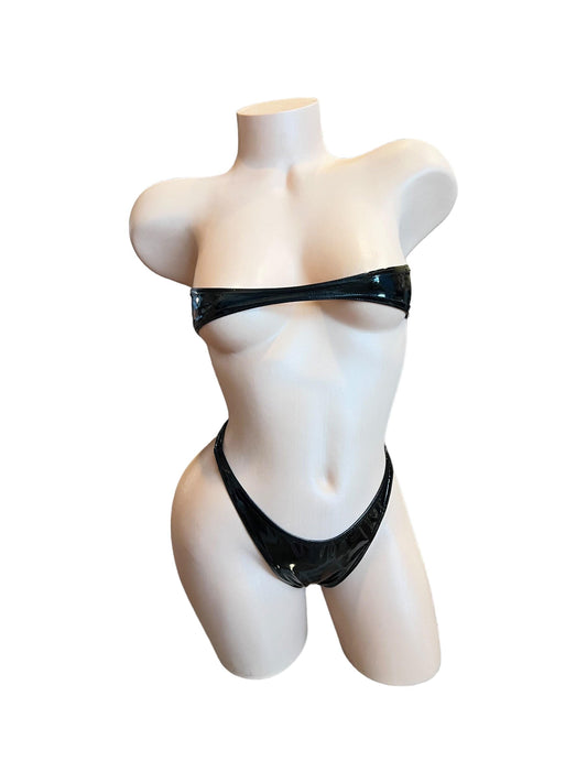 Black latex faux leather nanokini microkini - exotic dancewear