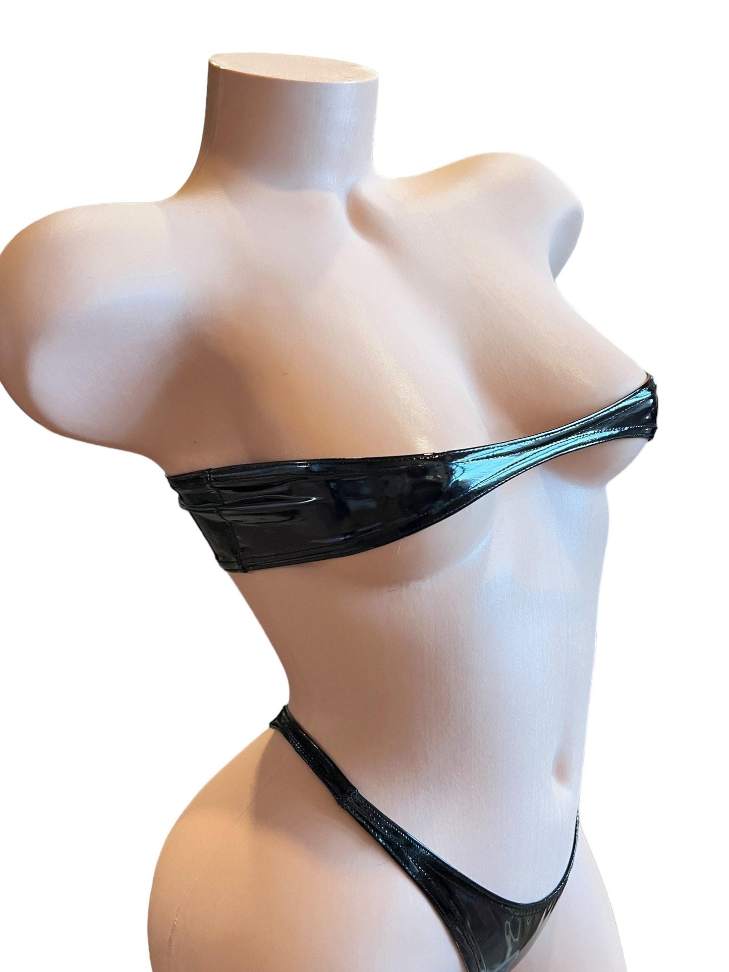 Black latex faux leather nanokini microkini - exotic dancewear