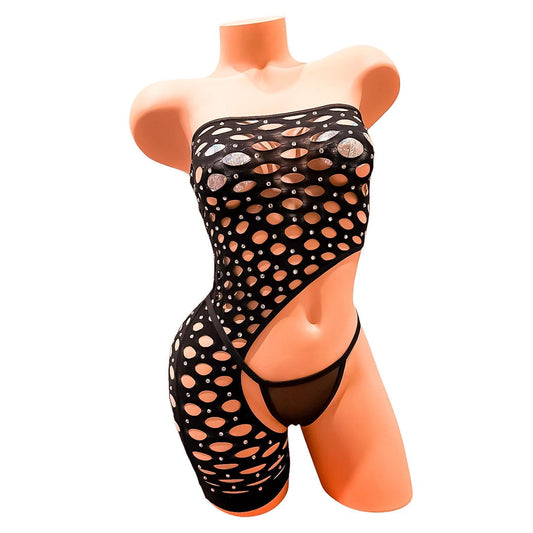 Black Mesh Large Diamond Fishnet Mini Tube Shorts Romper Bodystocking with Large Rhinestones Bling- EXOTIC DANCEWEAR