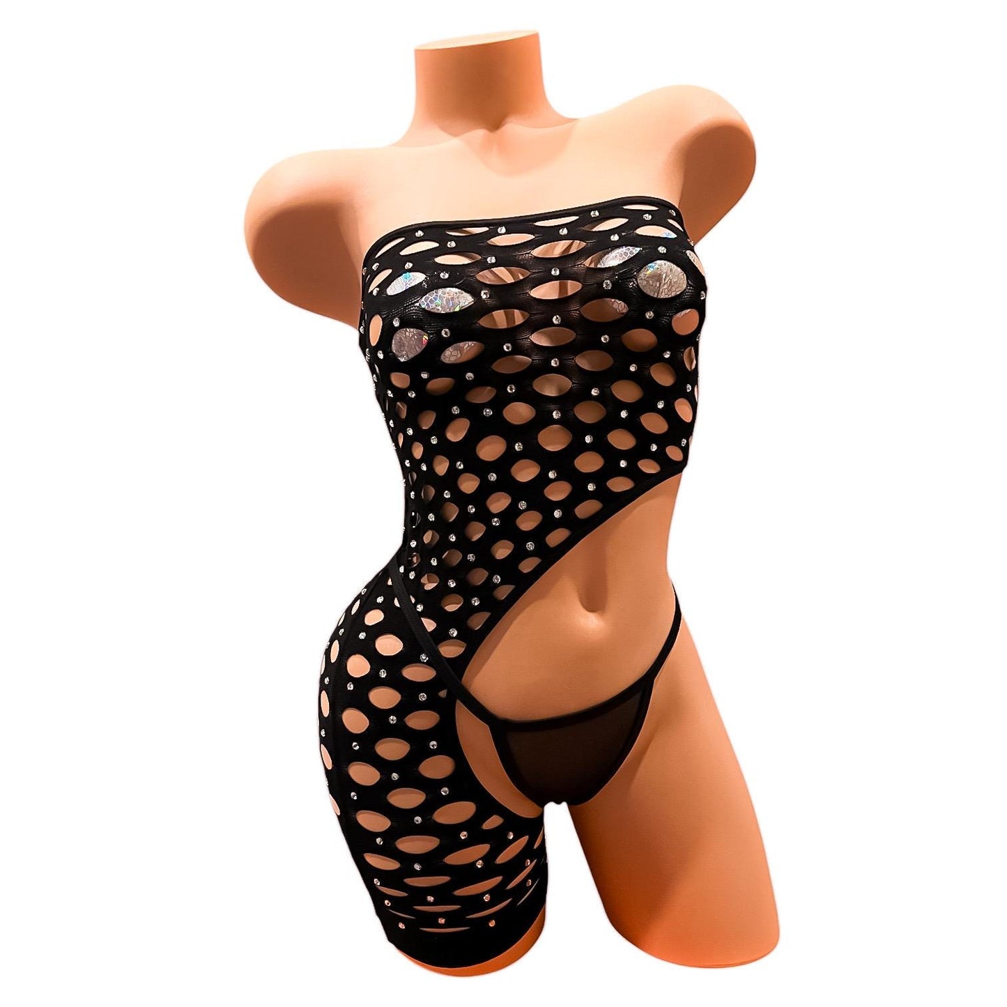 Black Mesh Large Diamond Fishnet Mini Tube Shorts Romper Bodystocking with Large Rhinestones Bling- EXOTIC DANCEWEAR