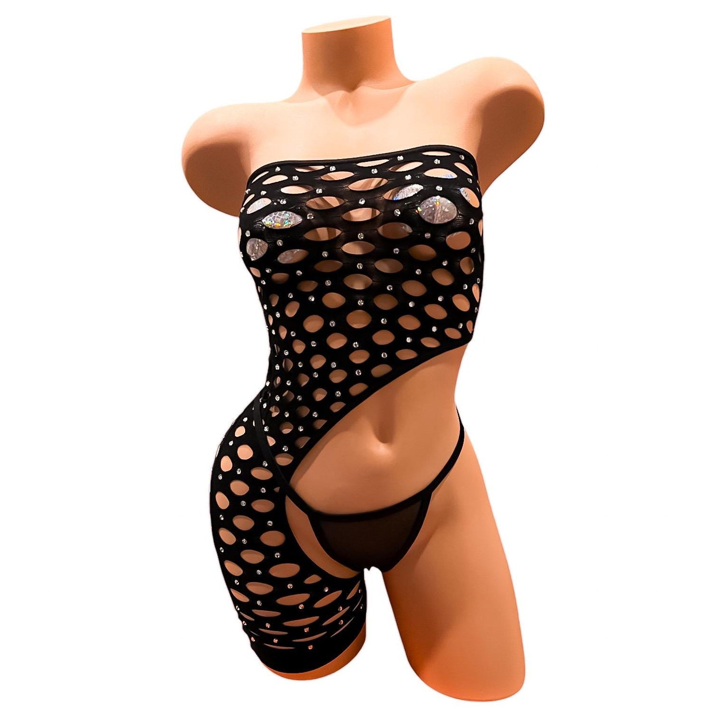 Black Mesh Large Diamond Fishnet Mini Tube Shorts Romper Bodystocking with Large Rhinestones Bling- EXOTIC DANCEWEAR