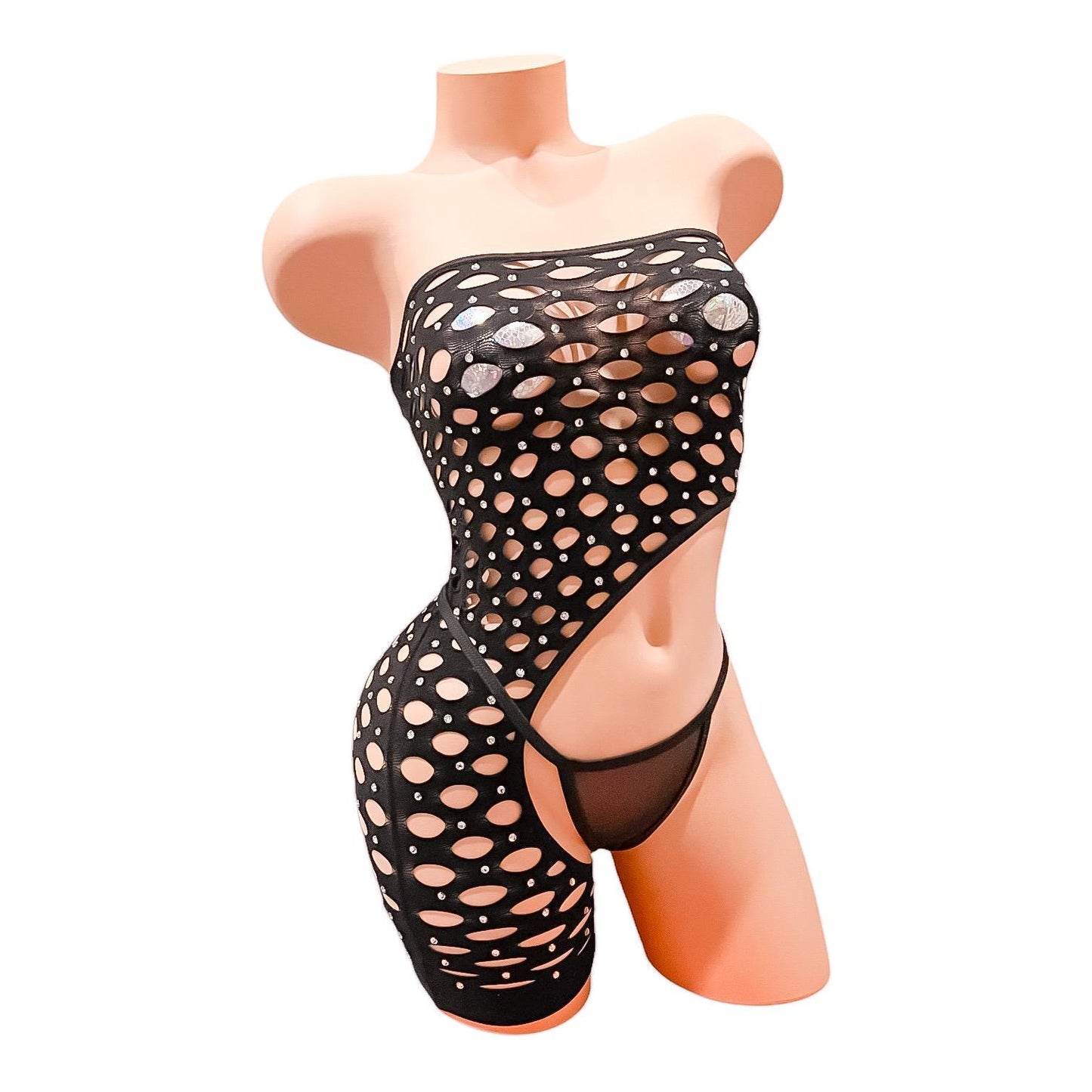 Black Mesh Large Diamond Fishnet Mini Tube Shorts Romper Bodystocking with Large Rhinestones Bling- EXOTIC DANCEWEAR