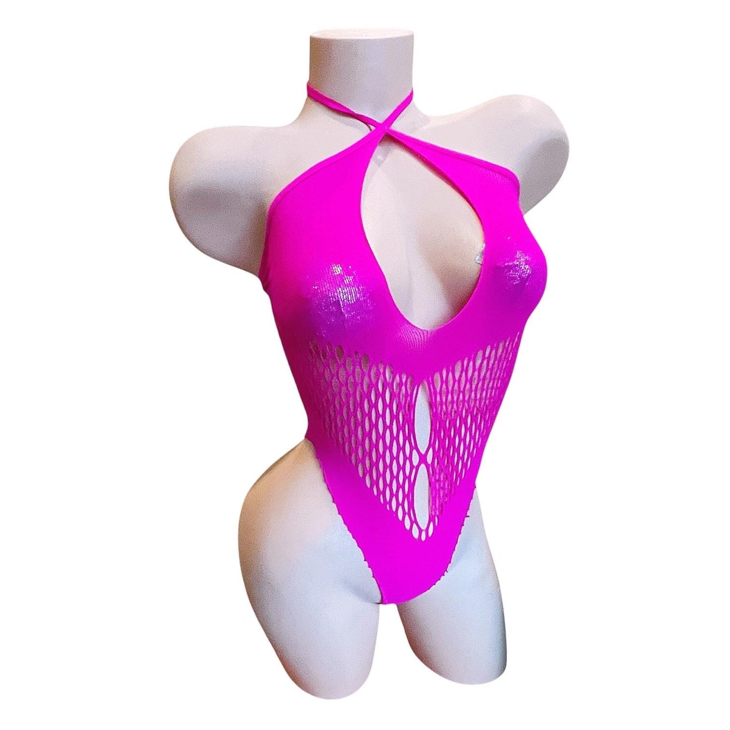 Hot Pink Halter Keyhole Fishnet Bodysuit - EXOTIC DANCEWEAR