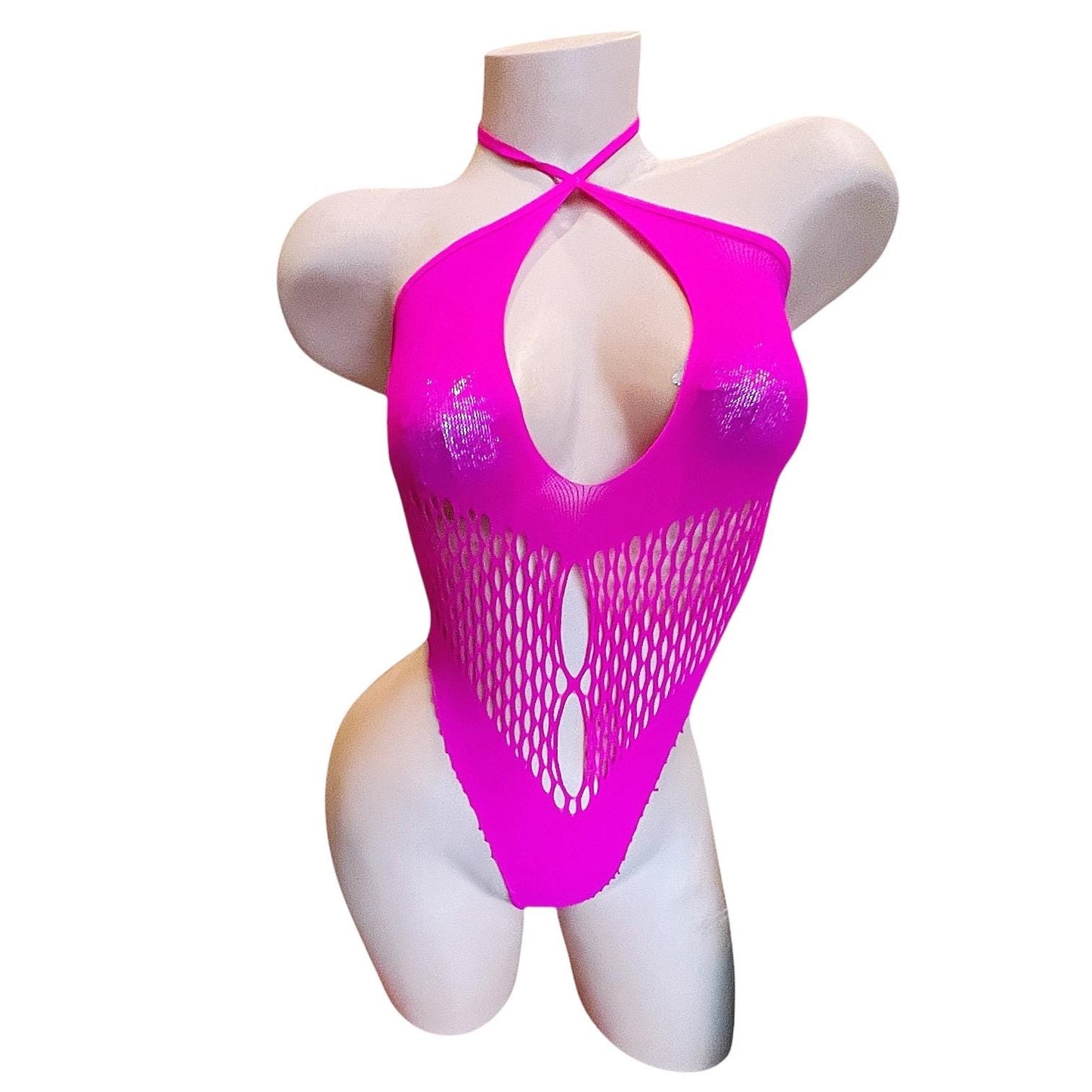 Hot Pink Halter Keyhole Fishnet Bodysuit - EXOTIC DANCEWEAR