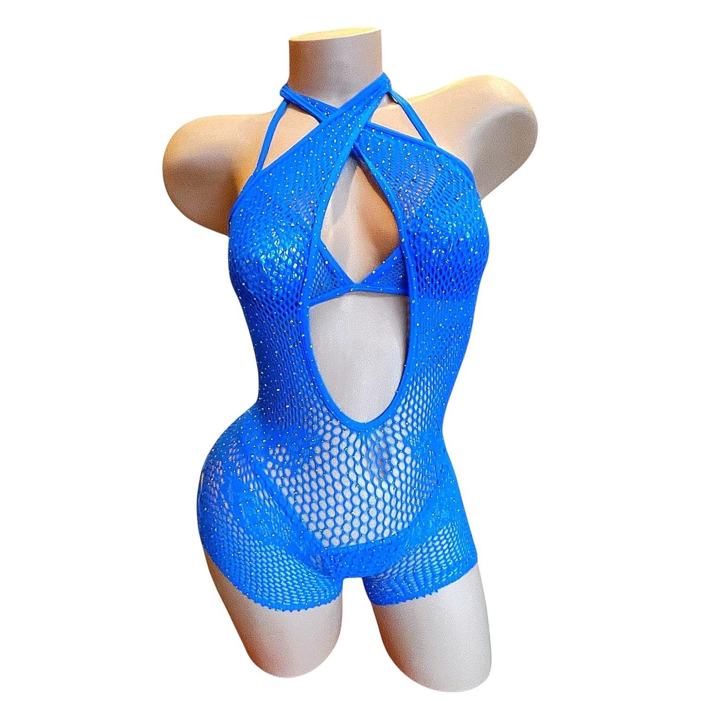Royal Blue Mesh Rhinestoned Halter Shorts Bodystocking with Matching Bikini - EXOTIC DANCEWEAR