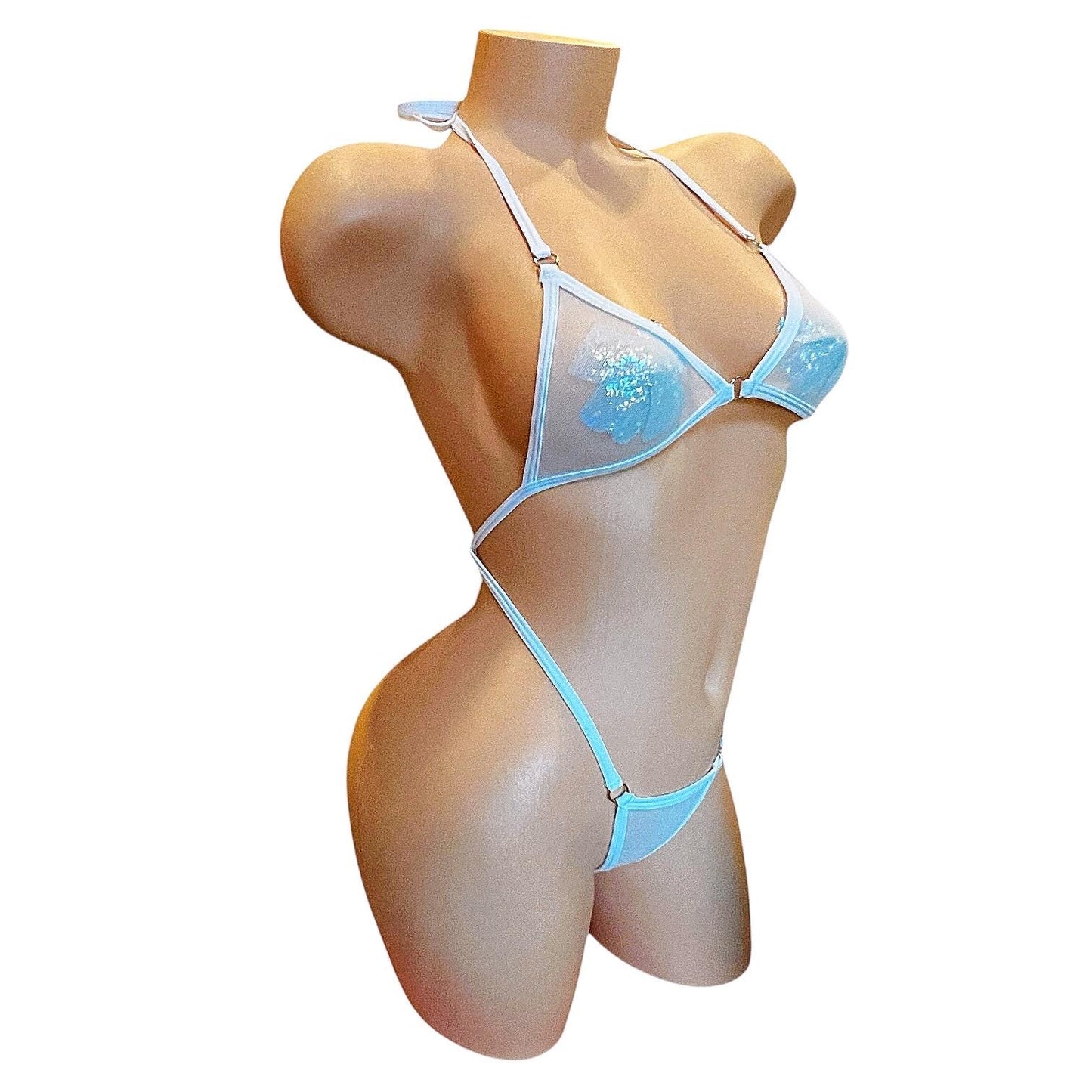 Icy White G String Mesh Thong Bikini set - Microkini - EXOTIC DANCEWEAR