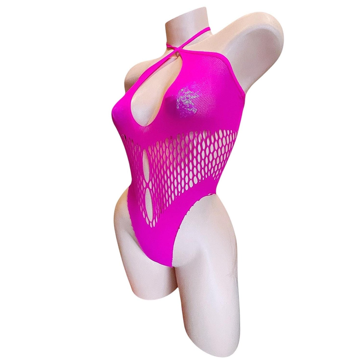 Hot Pink Halter Keyhole Fishnet Bodysuit - EXOTIC DANCEWEAR