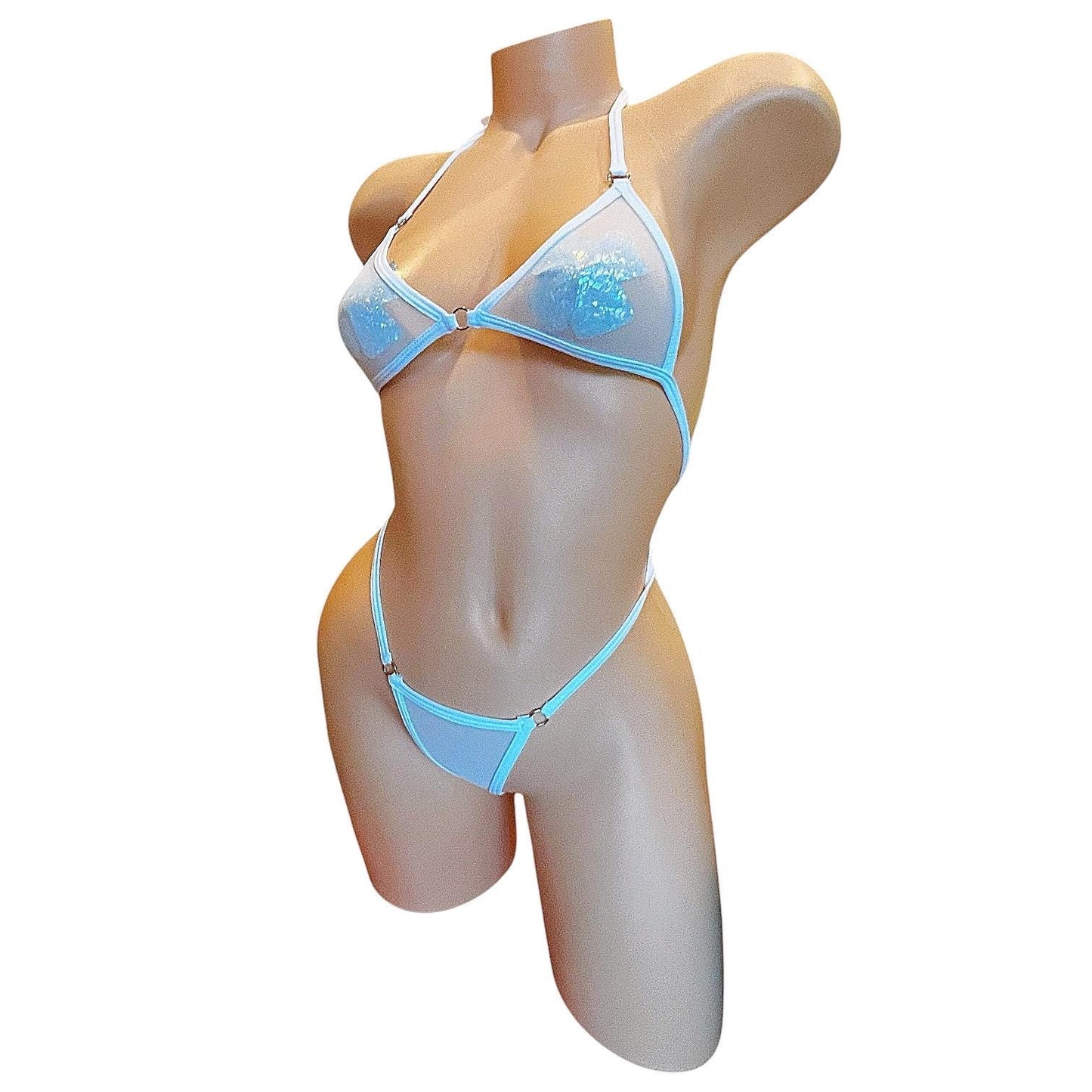 Icy White G String Mesh Thong Bikini set - Microkini - EXOTIC DANCEWEAR