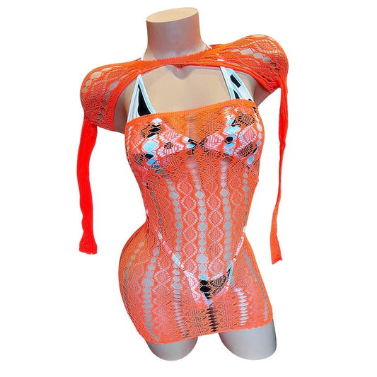 Orange Lace Sheer Mesh Fishnet Mini Tube Dress with Long Sleeve Shrug - EXOTIC DANCEWEAR