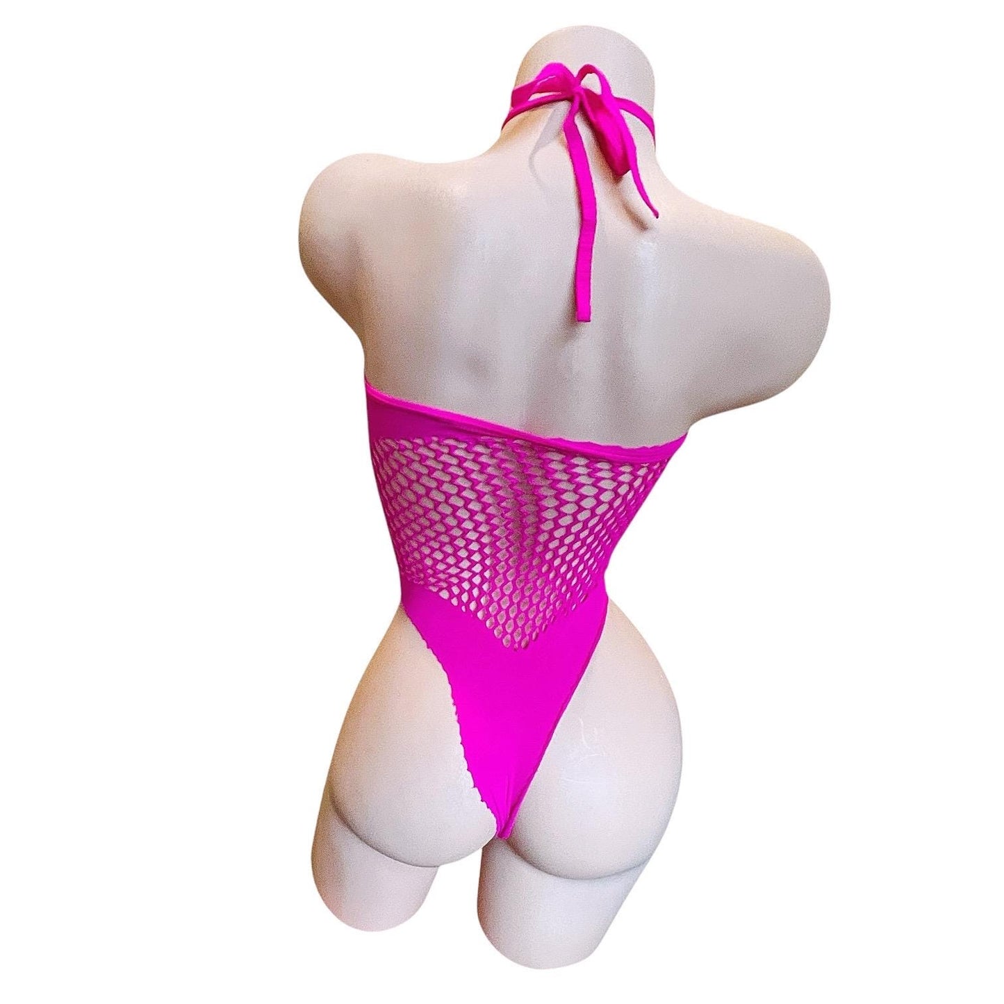 Hot Pink Halter Keyhole Fishnet Bodysuit - EXOTIC DANCEWEAR
