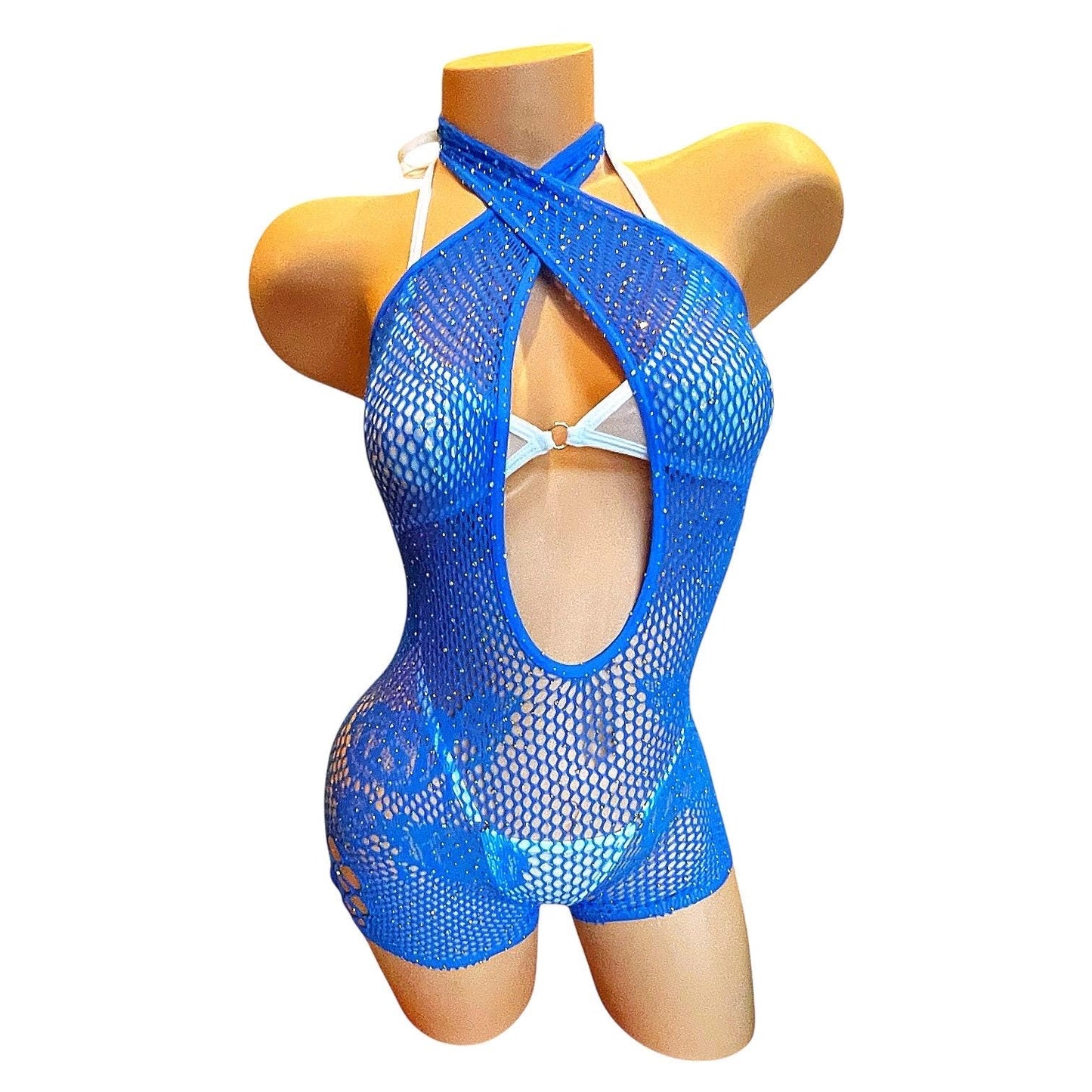 Royal Blue Mesh Rhinestoned Halter Shorts Bodystocking with Matching Bikini - EXOTIC DANCEWEAR