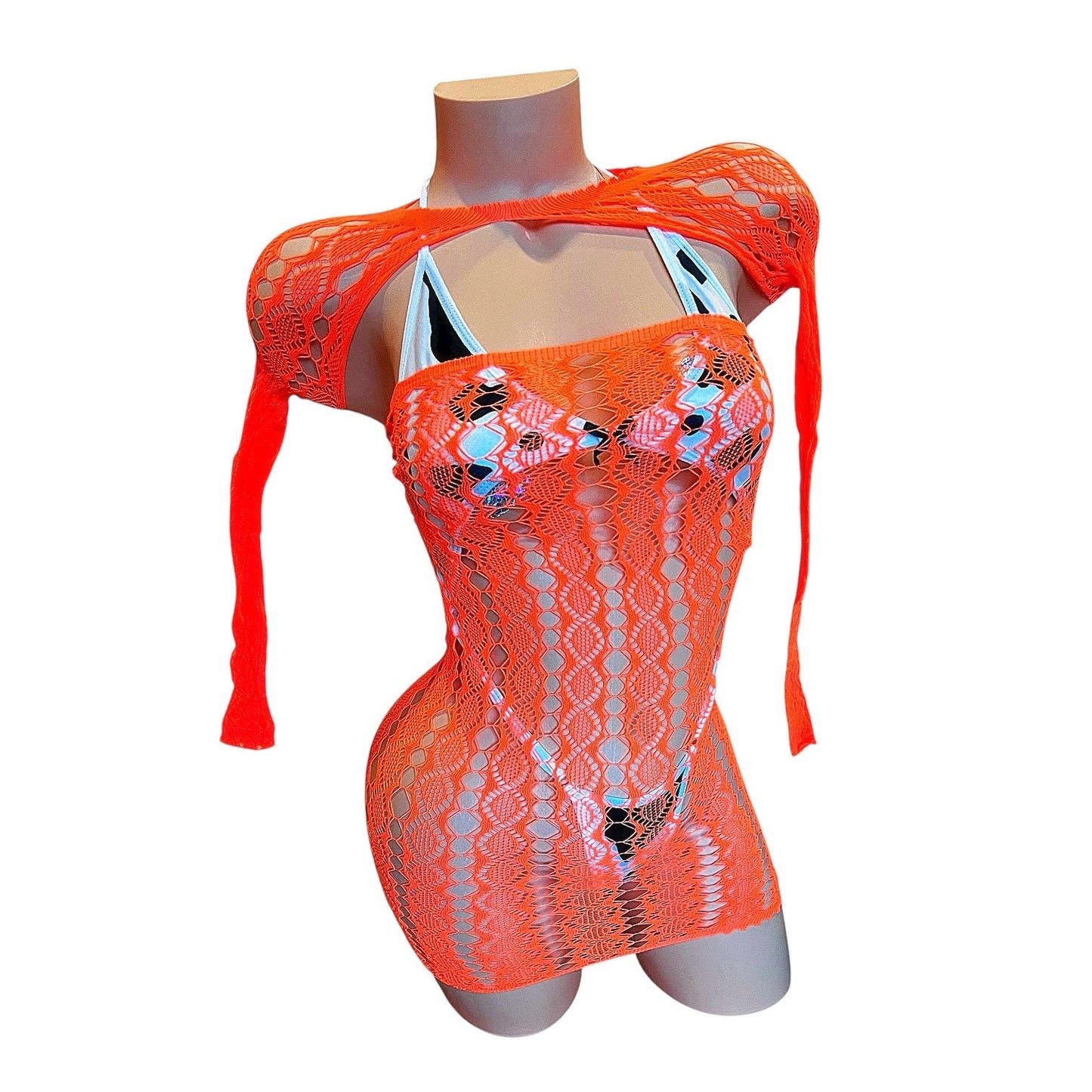 Orange Lace Sheer Mesh Fishnet Mini Tube Dress with Long Sleeve Shrug - EXOTIC DANCEWEAR