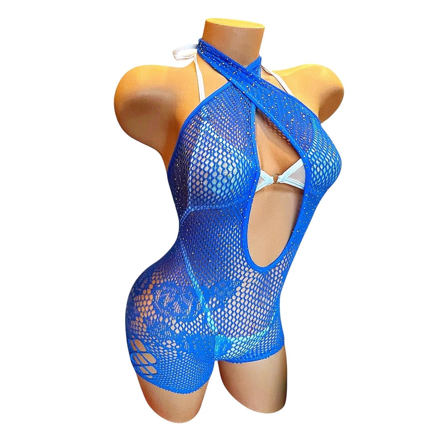 Royal Blue Mesh Rhinestoned Halter Shorts Bodystocking with Matching Bikini - EXOTIC DANCEWEAR