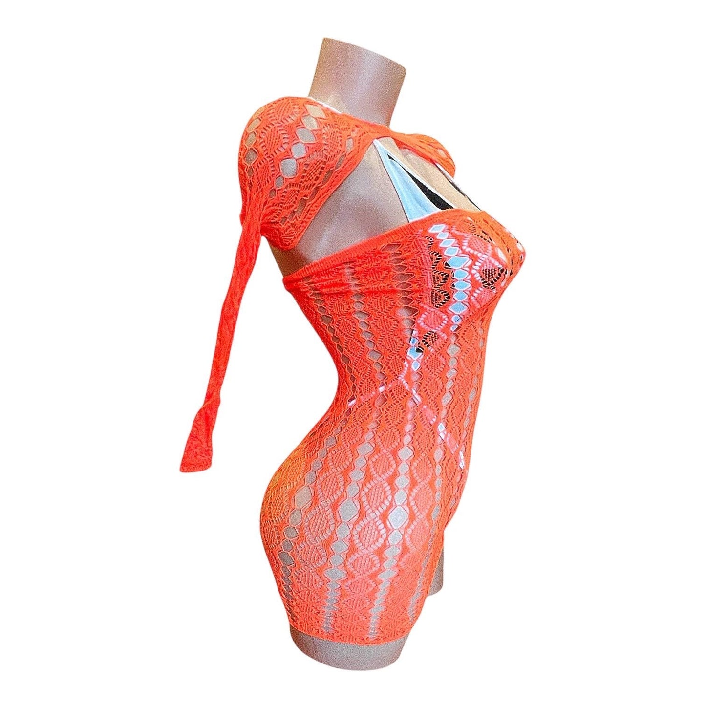 Orange Lace Sheer Mesh Fishnet Mini Tube Dress with Long Sleeve Shrug - EXOTIC DANCEWEAR