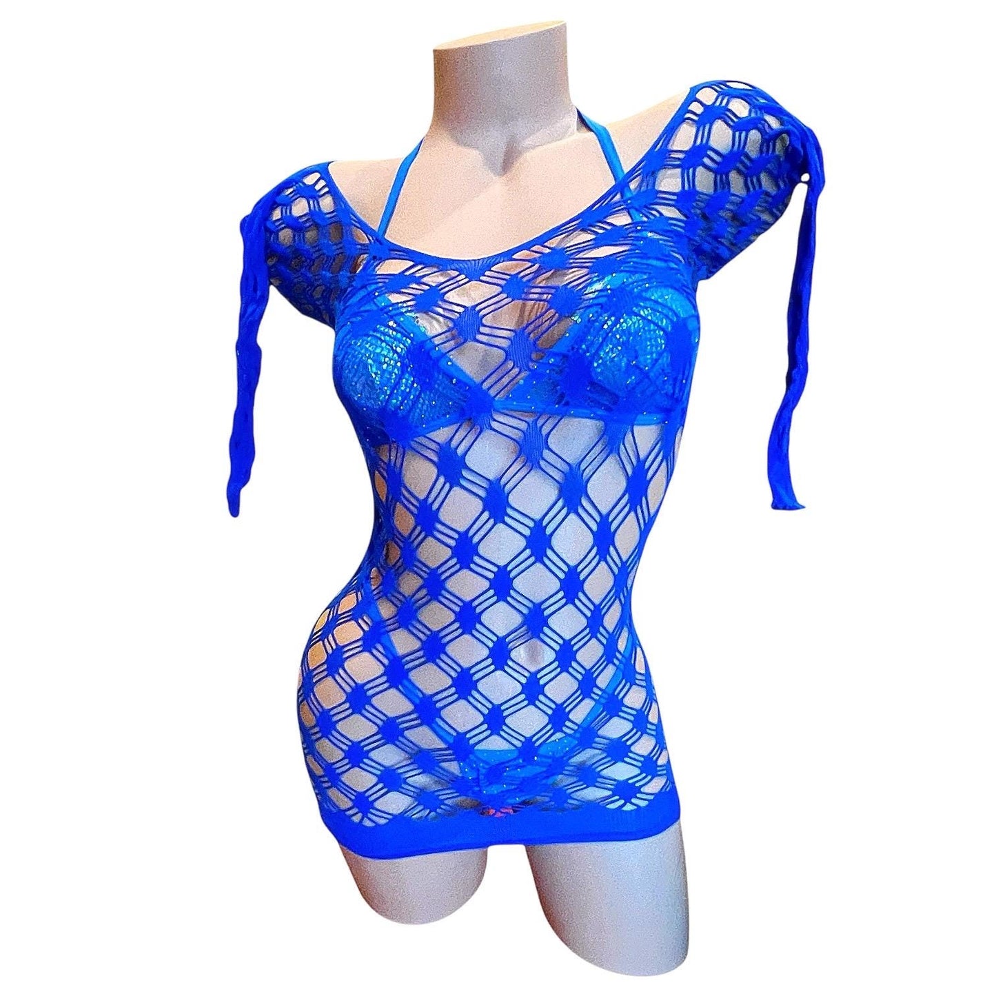 Royal Blue Long Sleeve Large Diamond Fishnet Mini Dress Bodycon - EXOTIC DANCEWEAR