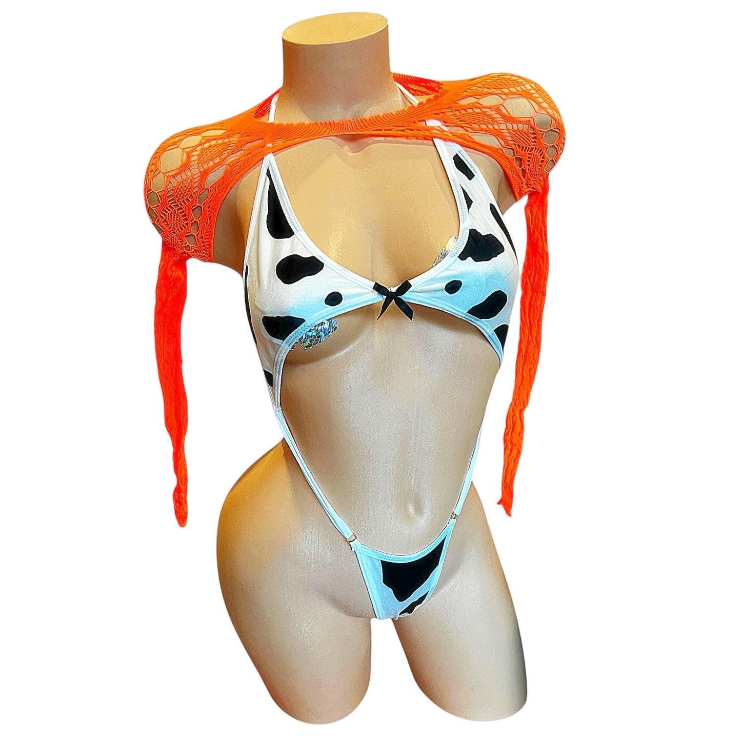 Orange Lace Sheer Mesh Fishnet Mini Tube Dress with Long Sleeve Shrug - EXOTIC DANCEWEAR