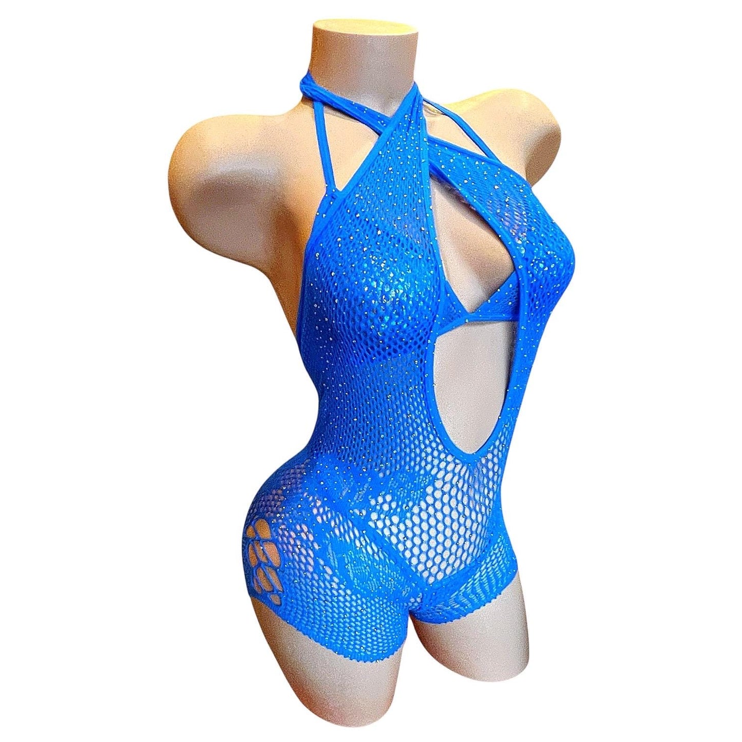 Royal Blue Mesh Rhinestoned Halter Shorts Bodystocking with Matching Bikini - EXOTIC DANCEWEAR