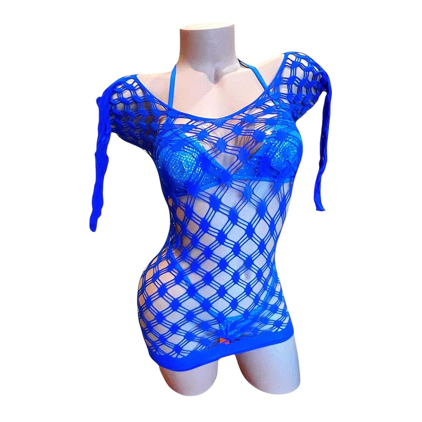 Royal Blue Long Sleeve Large Diamond Fishnet Mini Dress Bodycon - EXOTIC DANCEWEAR