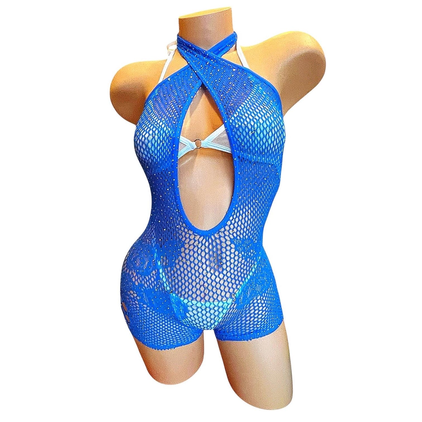Royal Blue Mesh Rhinestoned Halter Shorts Bodystocking with Matching Bikini - EXOTIC DANCEWEAR