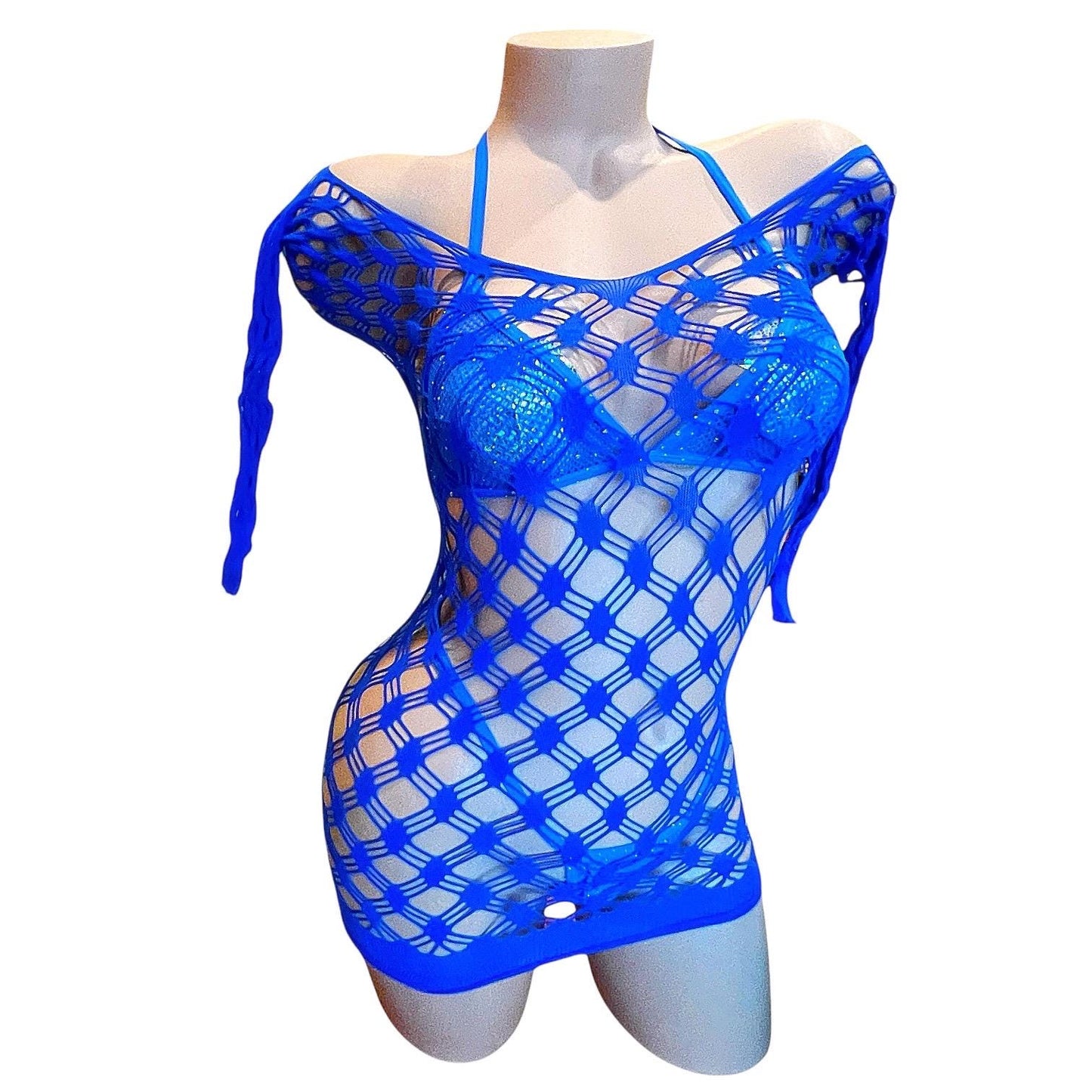 Royal Blue Long Sleeve Large Diamond Fishnet Mini Dress Bodycon - EXOTIC DANCEWEAR
