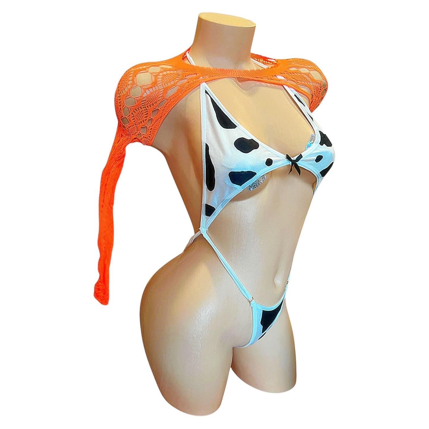 Orange Lace Sheer Mesh Fishnet Mini Tube Dress with Long Sleeve Shrug - EXOTIC DANCEWEAR