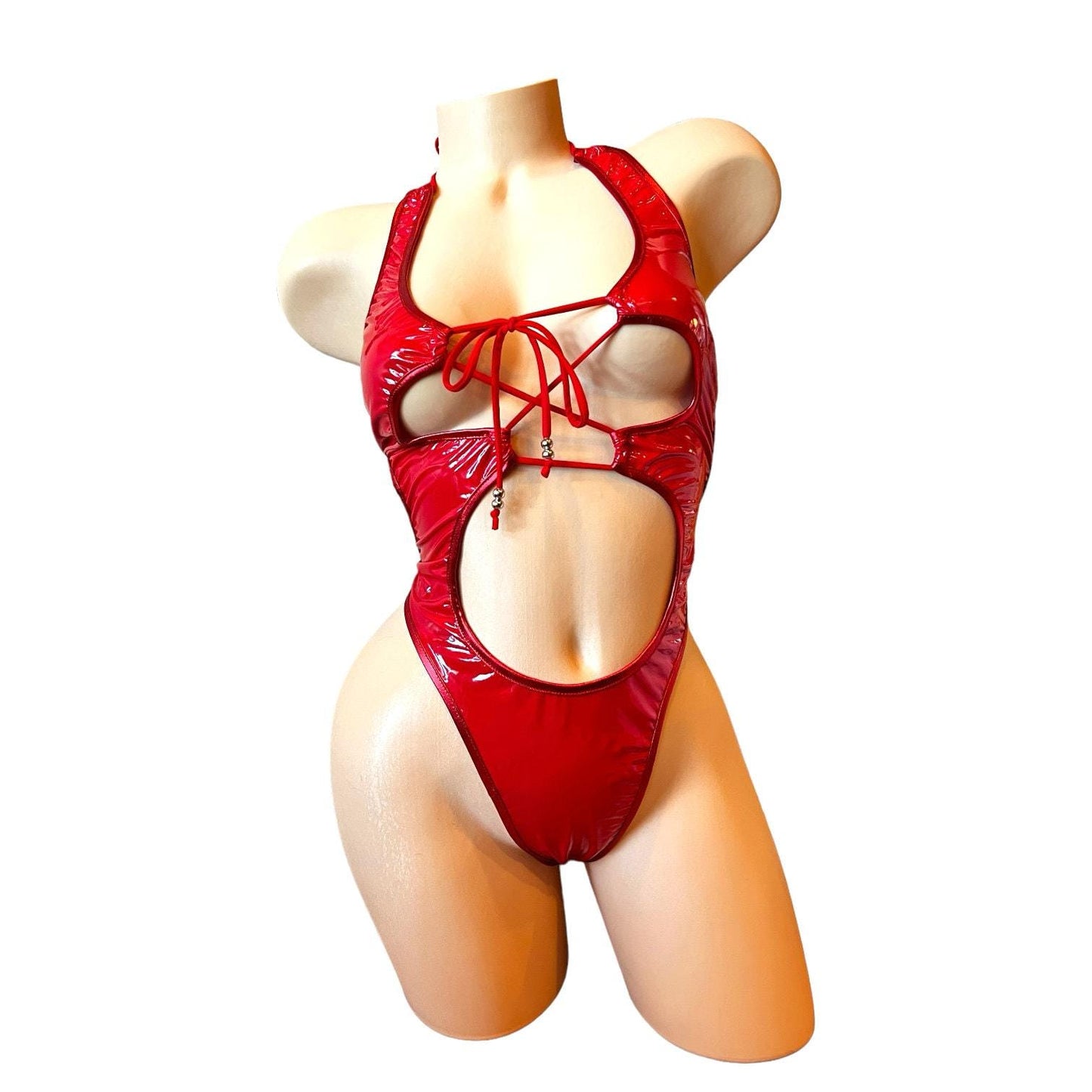 Nova - Red Latex Look Vinyl Patent Lace Up Cutout Monokini - EXOTIC DANCEWEAR