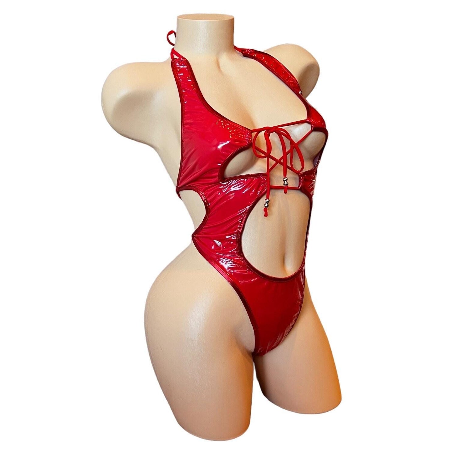 Nova - Red Latex Look Vinyl Patent Lace Up Cutout Monokini - EXOTIC DANCEWEAR